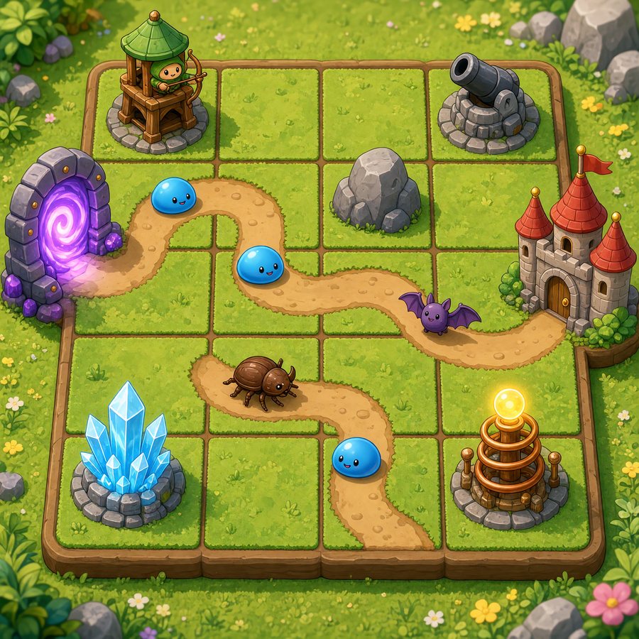 A grassy game board with an archer tower, a cannon, a frost crystal and a lightning tower guarding a dirt path from a purple portal to a little castle, with blue slimes and a beetle on the path