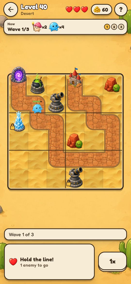 A desert level with towers firing at slimes on a winding path