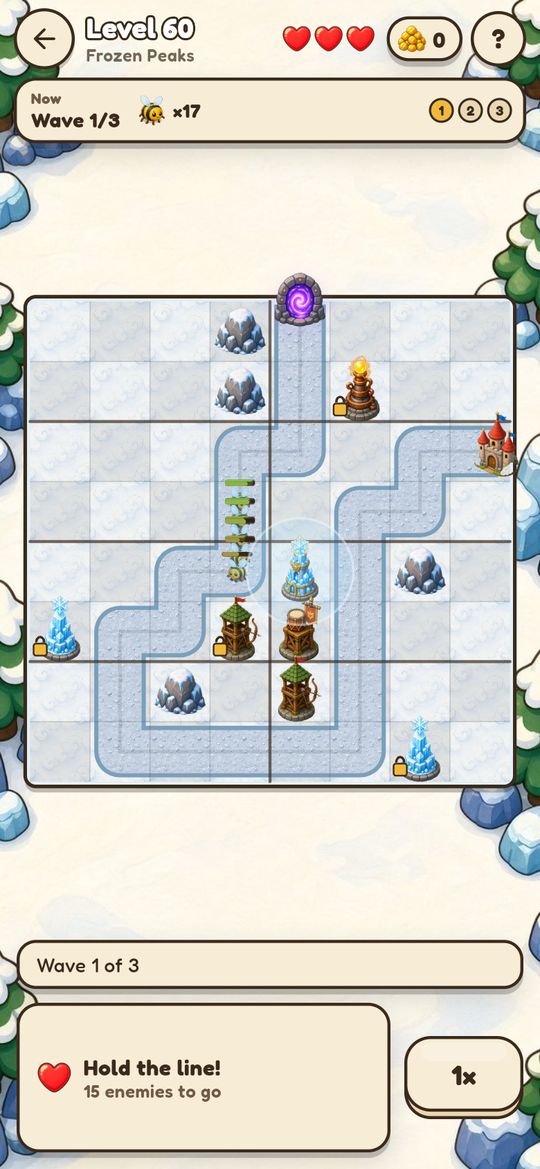 An 8 by 8 frozen level with a swarm of bugs on the path