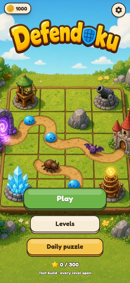 Start screen with the Defendoku logo over a game board