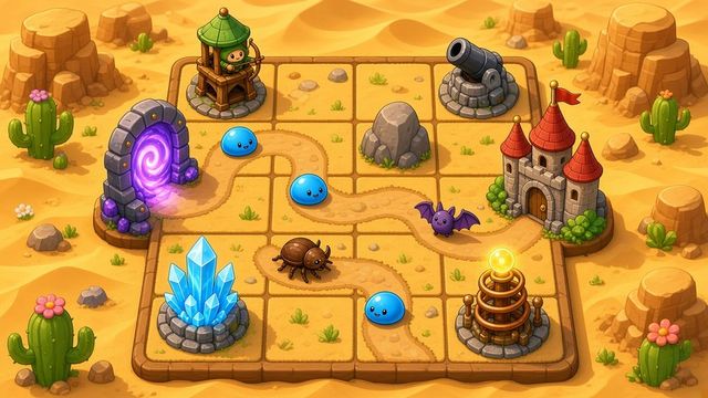 Painted desert with cacti and a castle