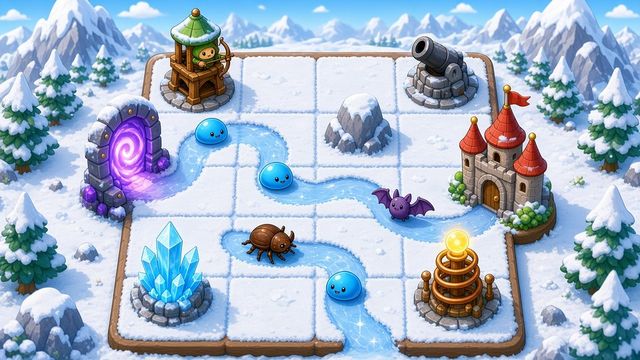 Painted snowy peaks with an ice castle