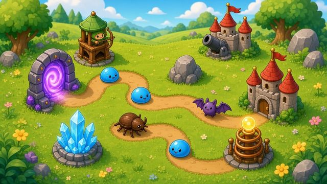 Painted meadow with a portal and a castle